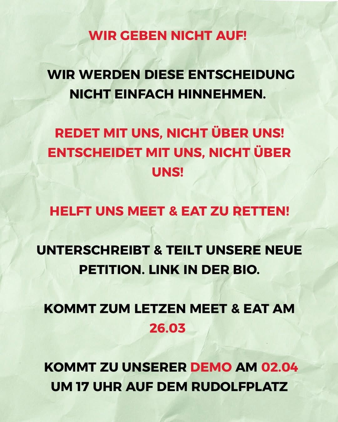 Wir geben nicht auf – Termine und Petition